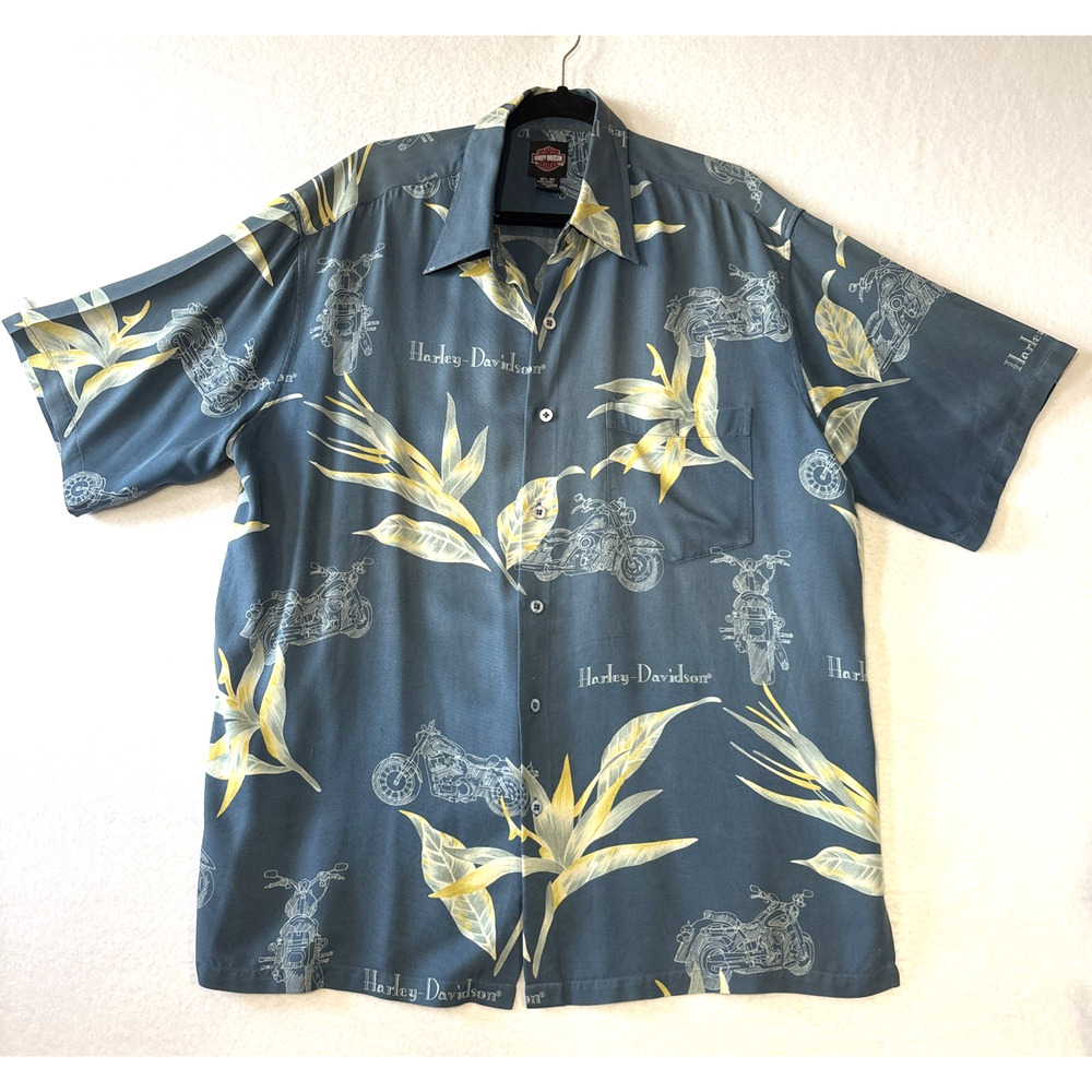 Harley-Davidson Tori Richard Hawaiian Short Sleeve Shirt Size XL 100% Silk Blue